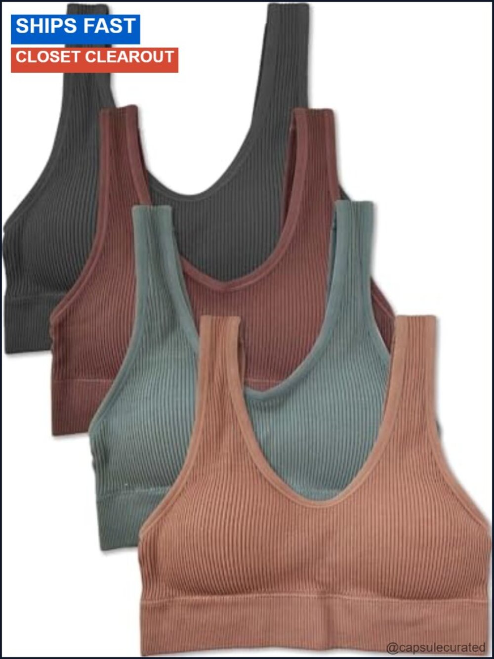 Ribbed Bralette Crop Top Sports Bra 4 Pack Wire Free Medium Support
